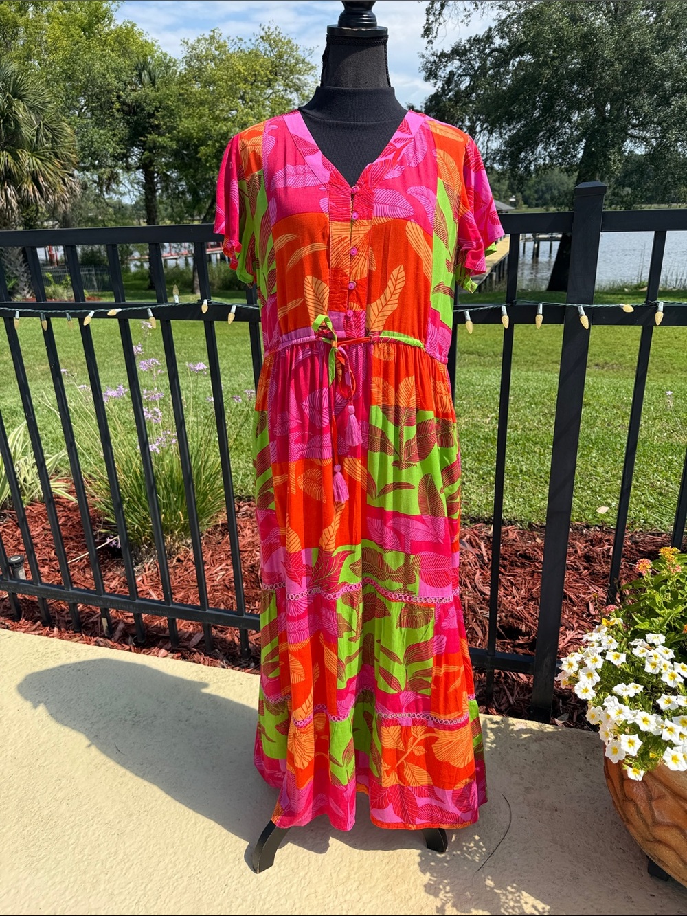 Lula Soul Vibrant Pink Orange Green Floral Maxi Dress